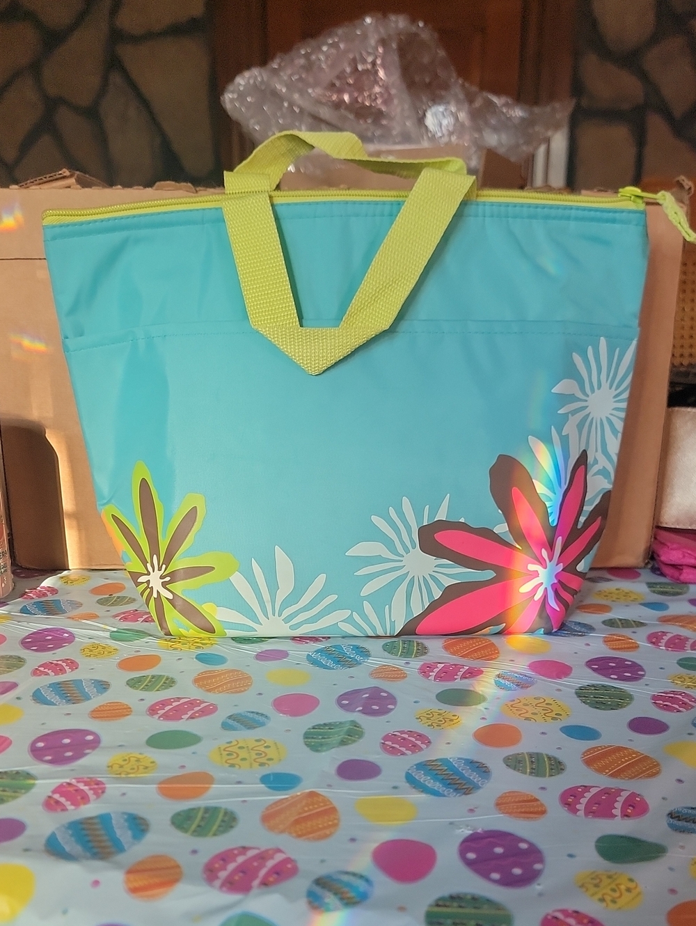 thirty-one Bright Turquoise Floral Tote with Lime Handles